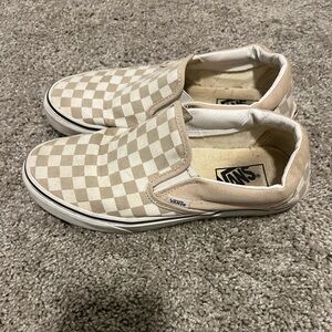 Vans Beige and White Checkered Slip-Ons
